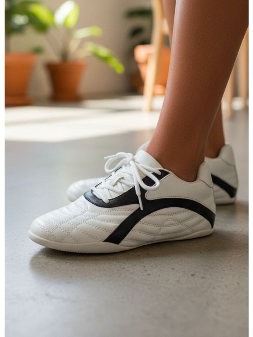 Quilted White Sneakers With Black Contrast Detailing Womens Casual Athletic Shoe